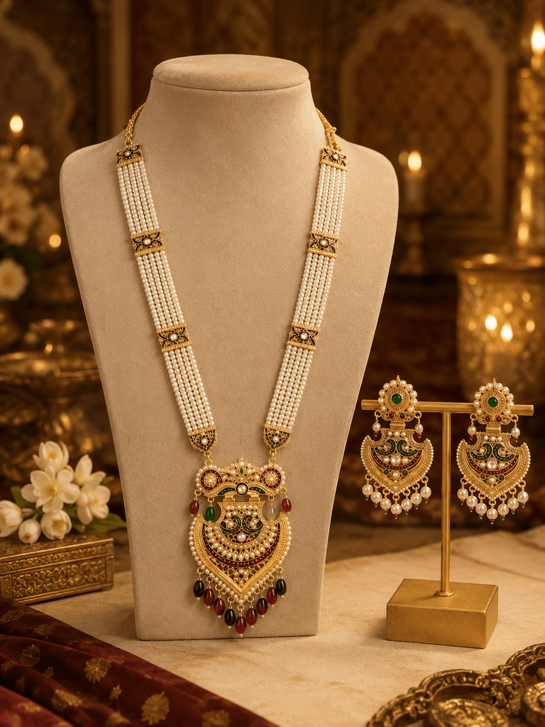 Royal Pearl Haar Set with Temple Pendant & Designer Earrings - Tara Dhara