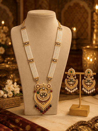 Royal Pearl Haar Set with Temple Pendant & Designer Earrings - Tara Dhara
