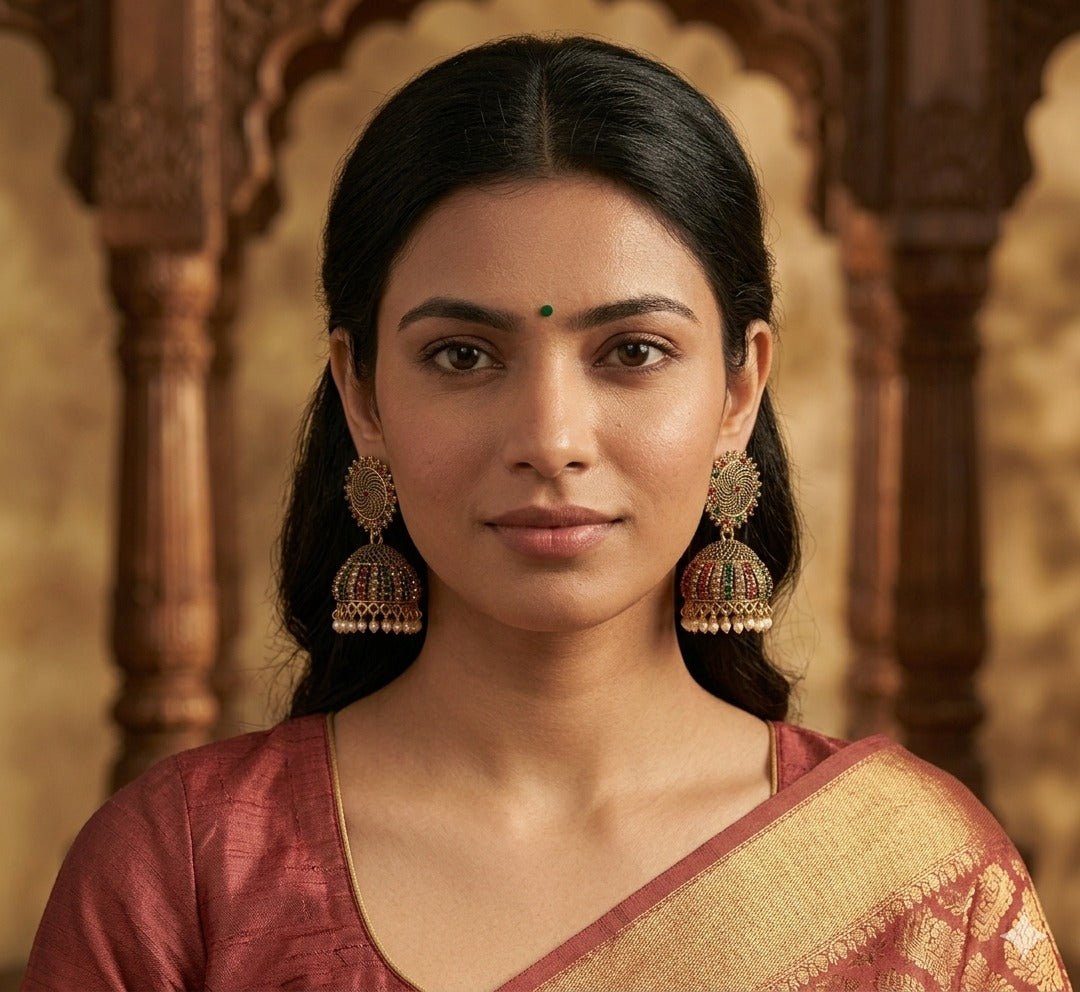 Royal Temple Dome Jhumka Earrings with Pearl Drops - Tara Dhara