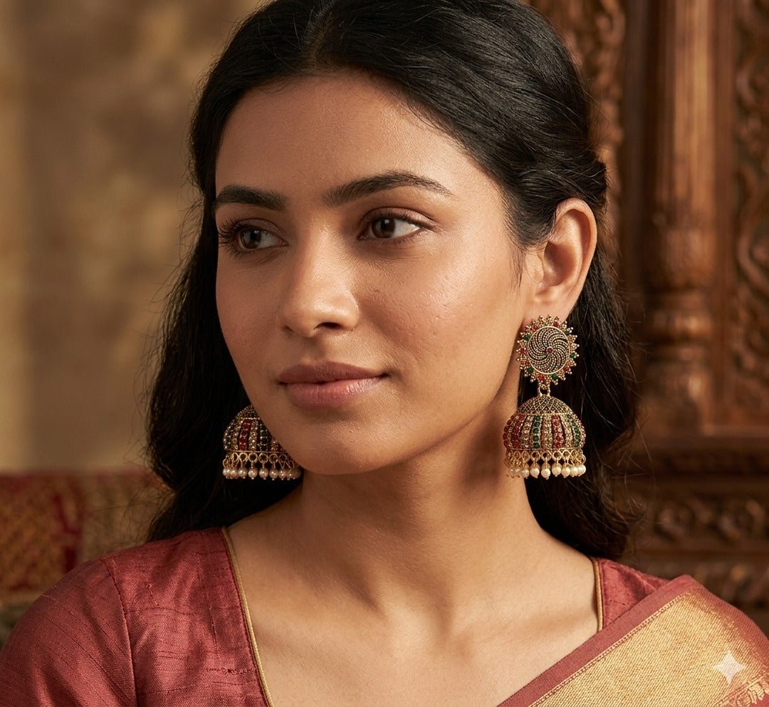 Royal Temple Dome Jhumka Earrings with Pearl Drops - Tara Dhara