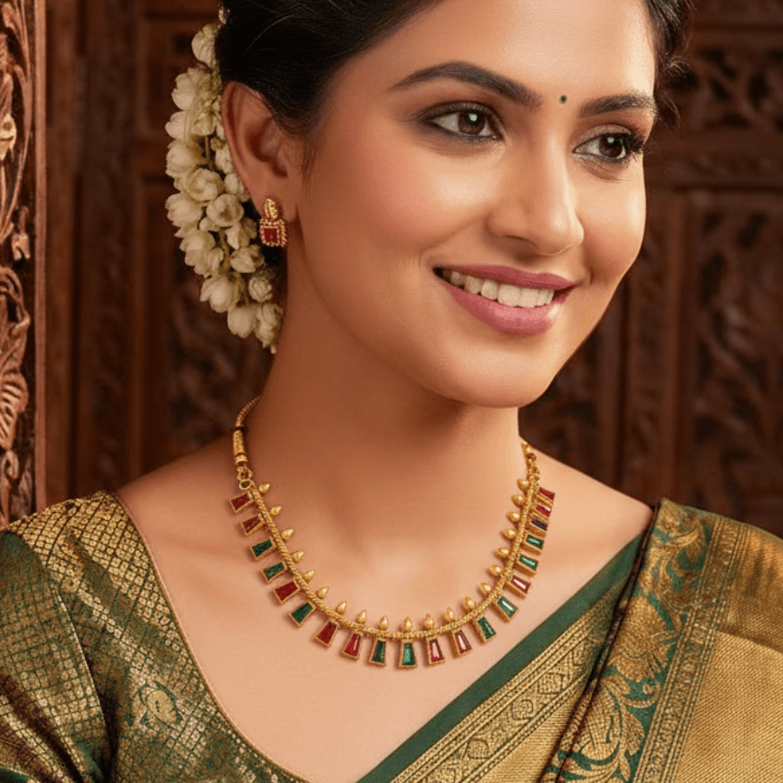 Ruby & Emerald Temple Necklace Set with Matching Stud Earrings - Tara Dhara