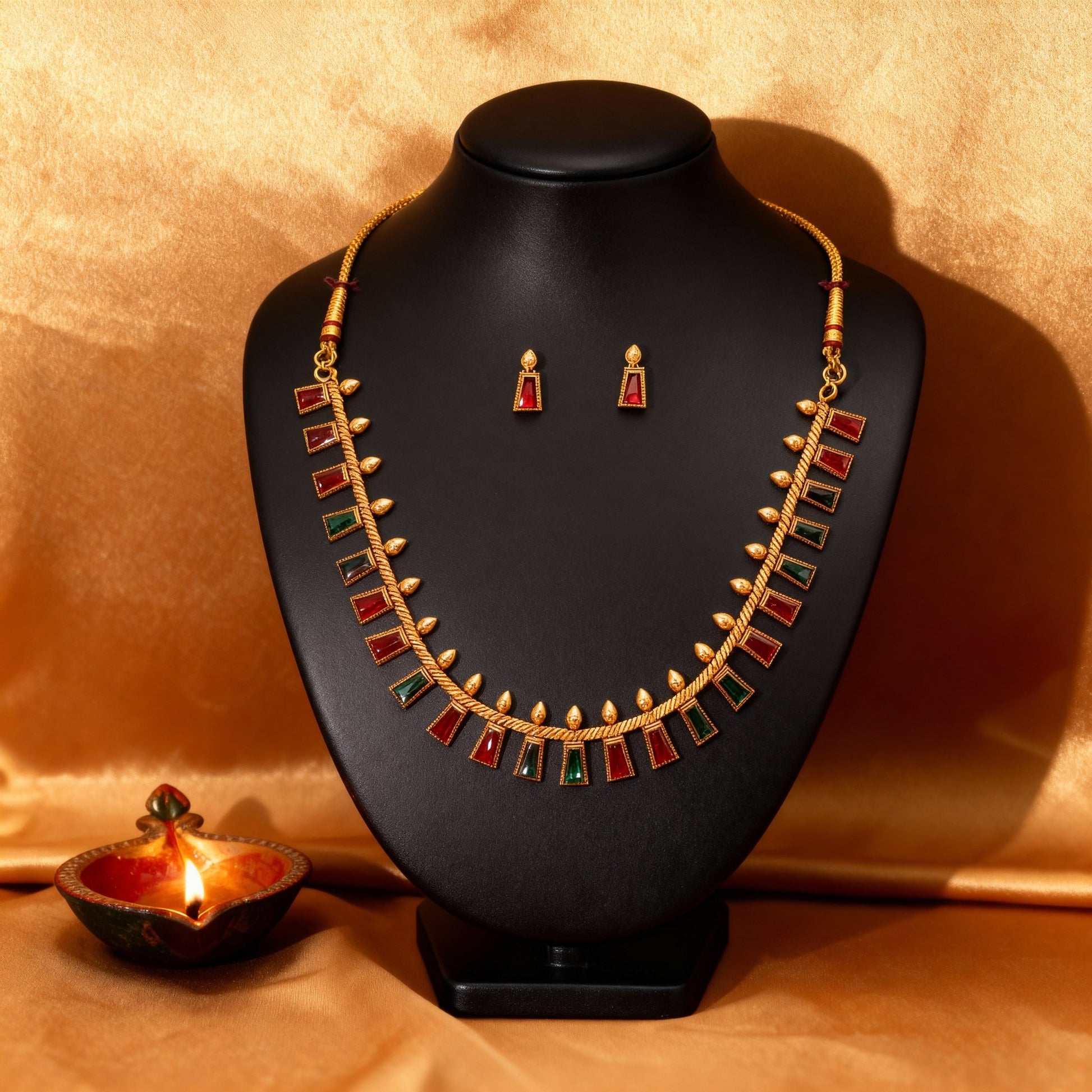 Ruby & Emerald Temple Necklace Set with Matching Stud Earrings - Tara Dhara
