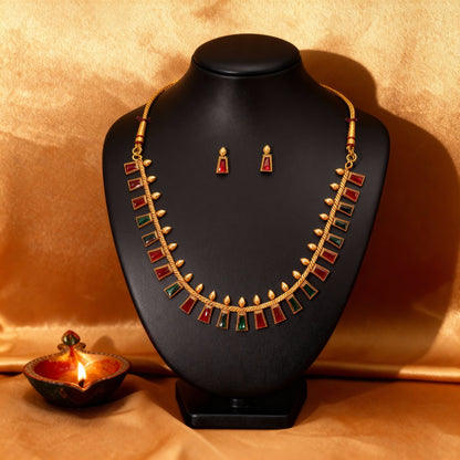Ruby & Emerald Temple Necklace Set with Matching Stud Earrings - Tara Dhara