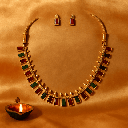 Ruby & Emerald Temple Necklace Set with Matching Stud Earrings - Tara Dhara