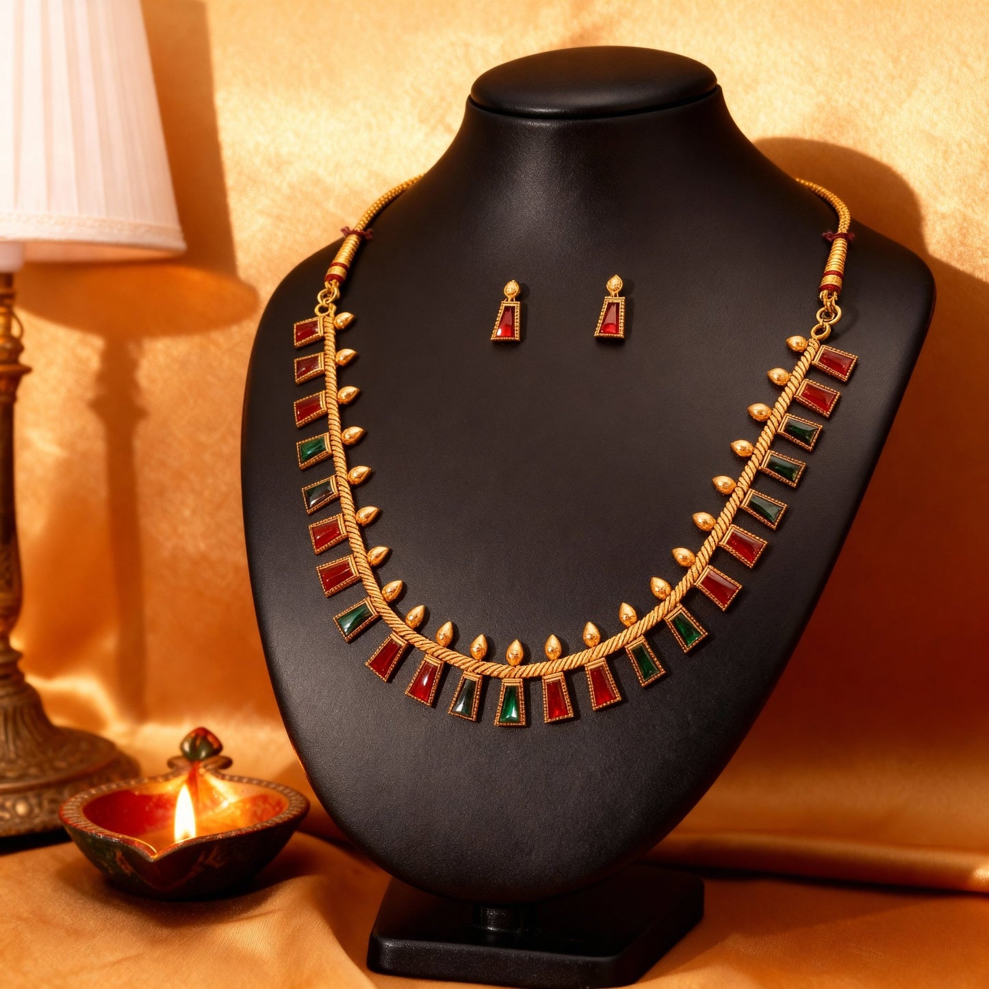 Ruby & Emerald Temple Necklace Set with Matching Stud Earrings - Tara Dhara