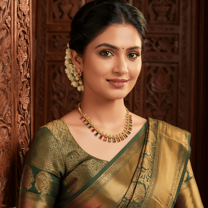 Ruby & Emerald Temple Necklace Set with Matching Stud Earrings - Tara Dhara