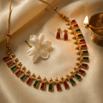Ruby & Emerald Temple Necklace Set with Matching Stud Earrings - Tara Dhara