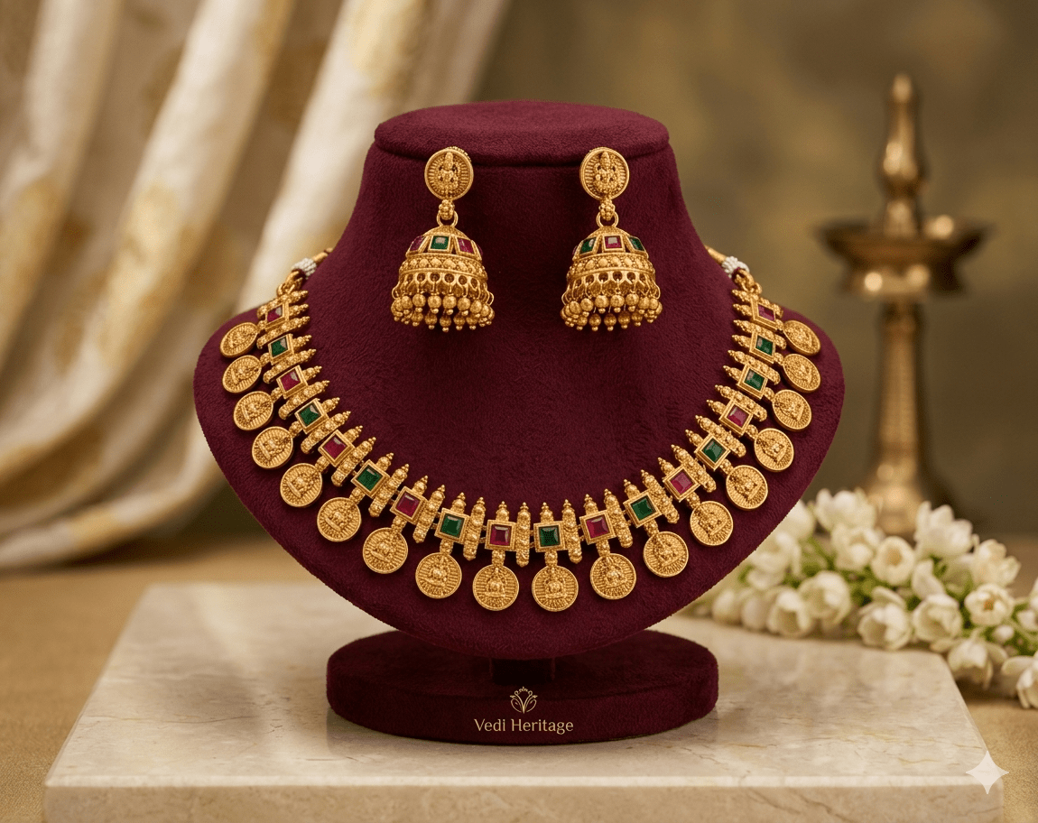 Traditional Gold - Tone Coin Necklace Set with Jhumka Earrings - Tara Dhara