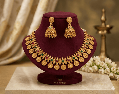 Traditional Gold - Tone Coin Necklace Set with Jhumka Earrings - Tara Dhara