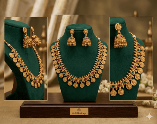 Traditional Gold - Tone Coin Necklace Set with Jhumka Earrings - Tara Dhara