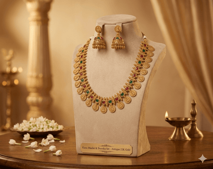 Traditional Gold - Tone Coin Necklace Set with Jhumka Earrings - Tara Dhara