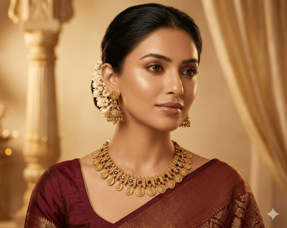 Traditional Gold - Tone Coin Necklace Set with Jhumka Earrings - Tara Dhara
