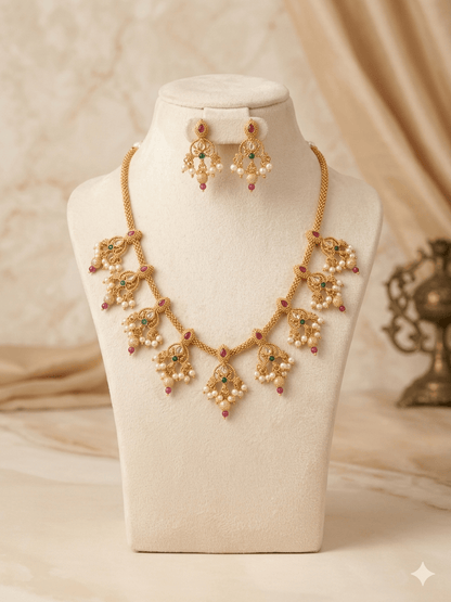 Traditional Gold - Tone Pearl Drop Choker Necklace Set with Earrings - Tara Dhara