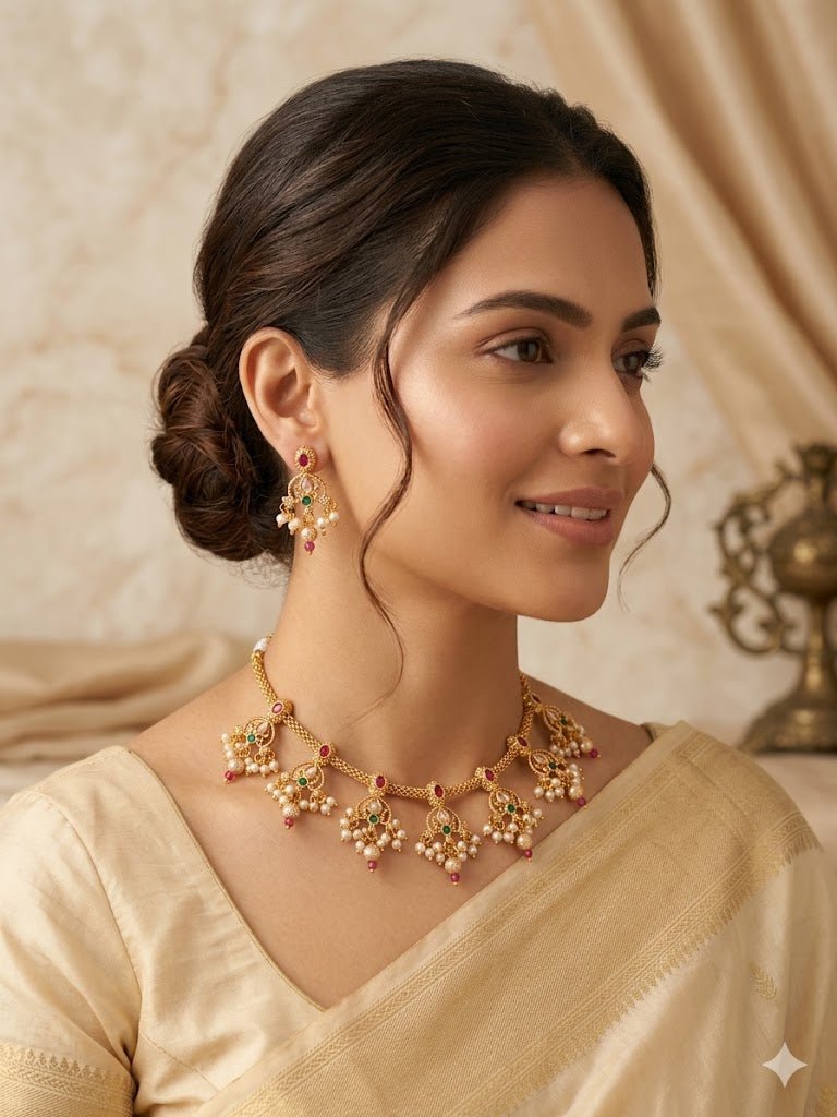 Traditional Gold - Tone Pearl Drop Choker Necklace Set with Earrings - Tara Dhara