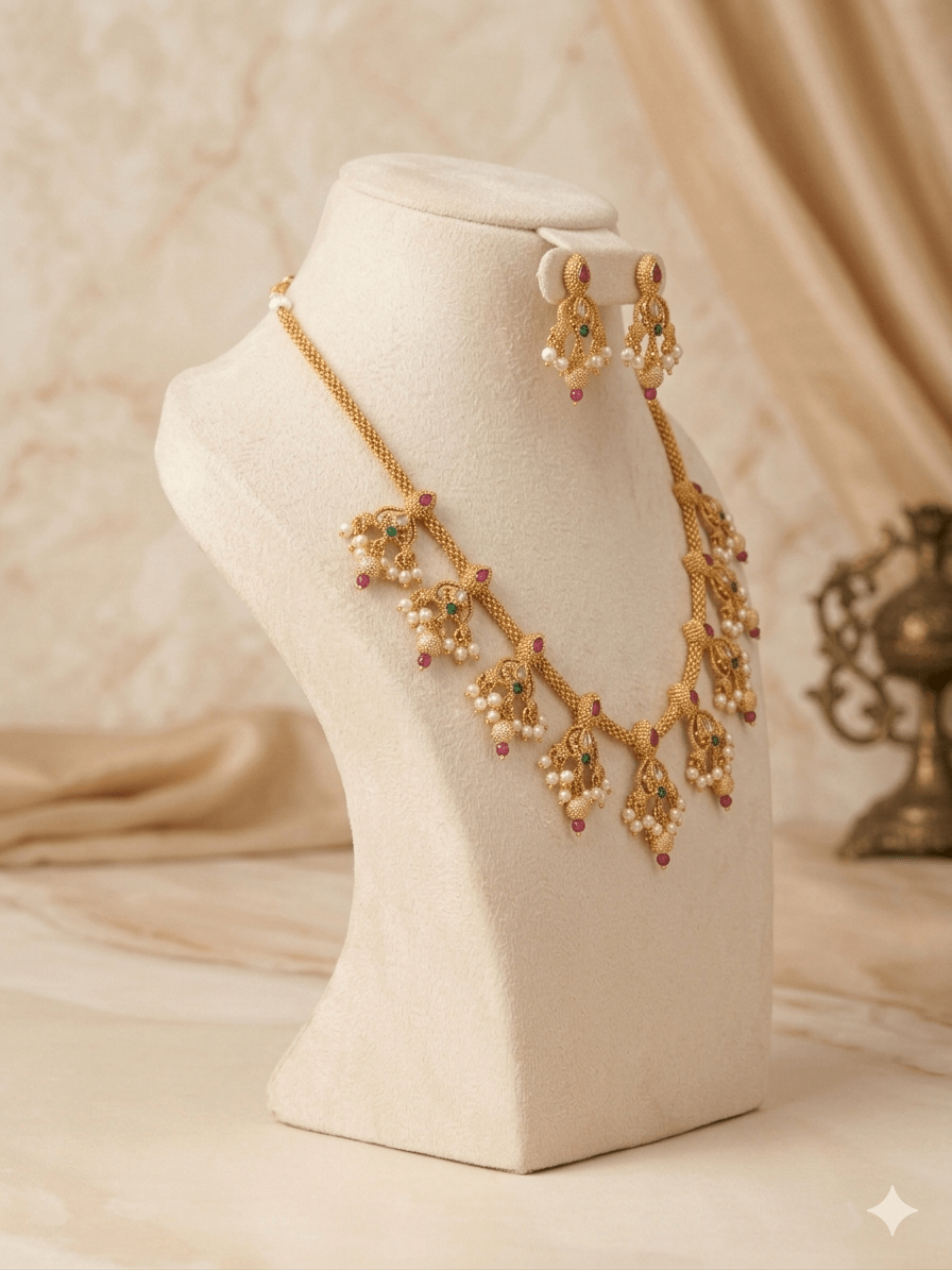 Traditional Gold - Tone Pearl Drop Choker Necklace Set with Earrings - Tara Dhara