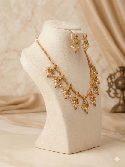 Traditional Gold - Tone Pearl Drop Choker Necklace Set with Earrings - Tara Dhara