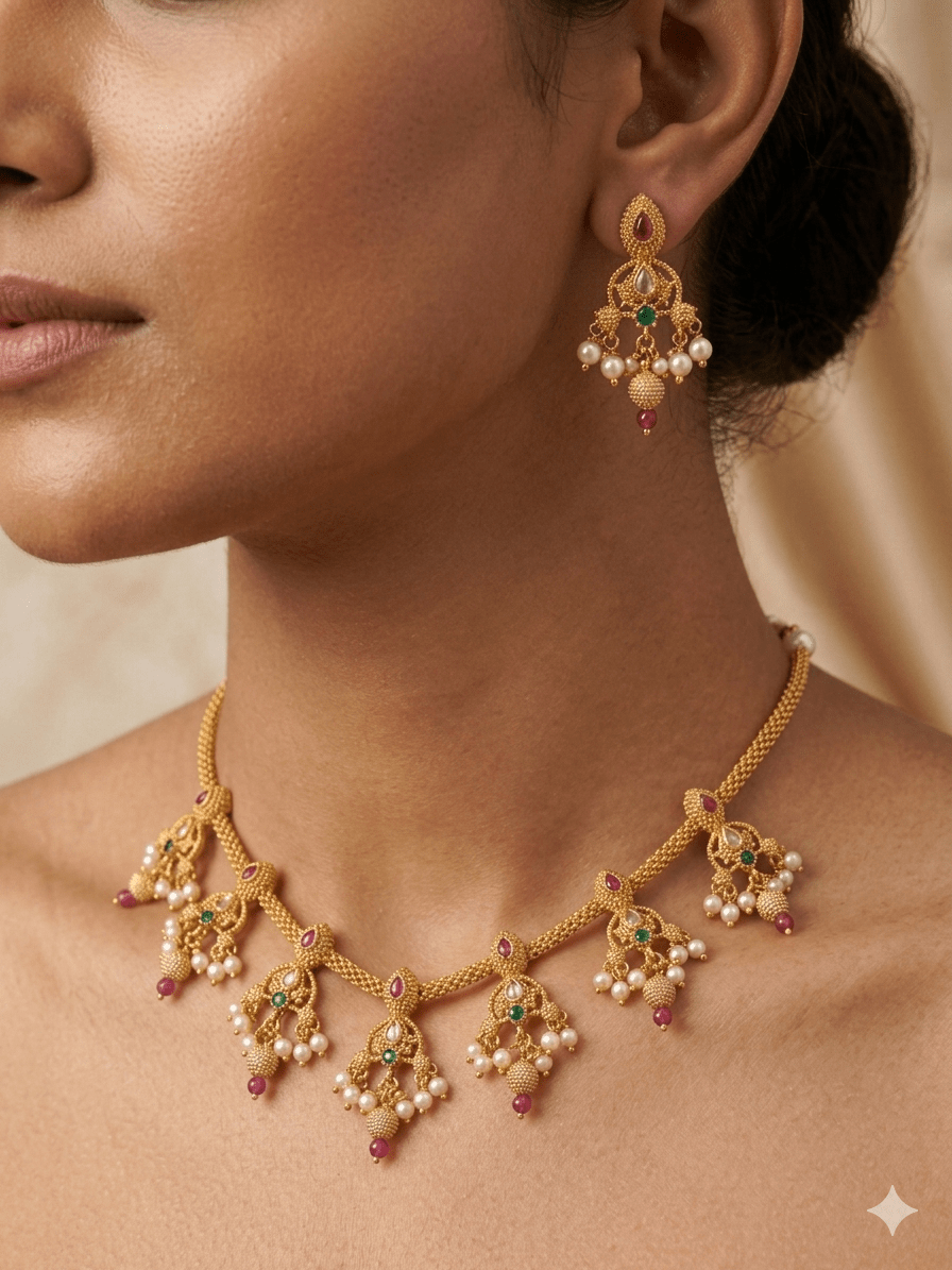 Traditional Gold - Tone Pearl Drop Choker Necklace Set with Earrings - Tara Dhara