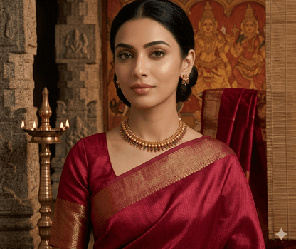 Traditional Matte Gold Beaded Necklace Set with Ruby & Green Stones - Tara Dhara