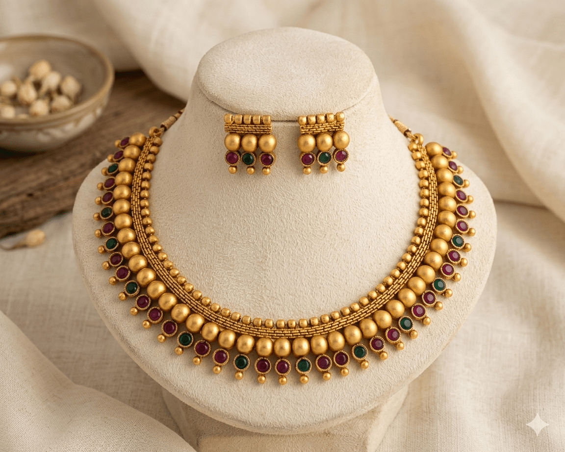 Traditional Matte Gold Beaded Necklace Set with Ruby & Green Stones - Tara Dhara