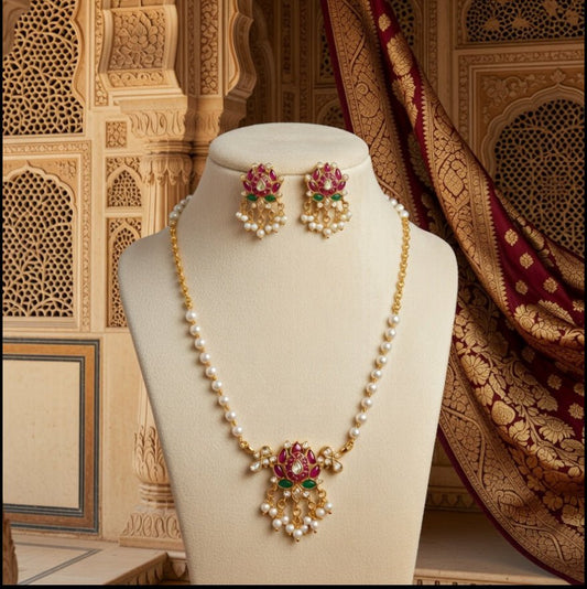 Traditional Pearl Pendant Necklace Set with Ruby & Green Stone Design - Tara Dhara