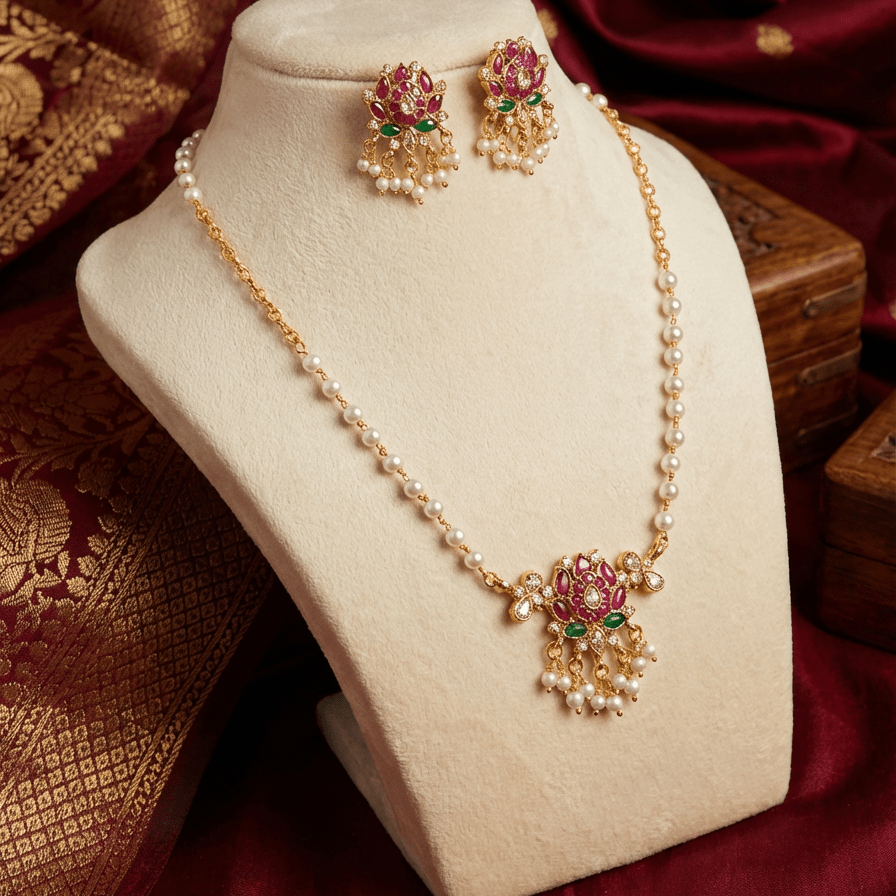 Traditional Pearl Pendant Necklace Set with Ruby & Green Stone Design - Tara Dhara