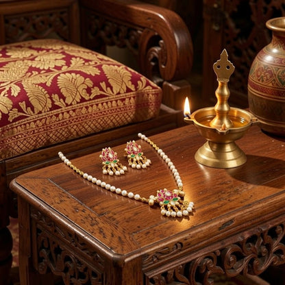 Traditional Pearl Pendant Necklace Set with Ruby & Green Stone Design - Tara Dhara