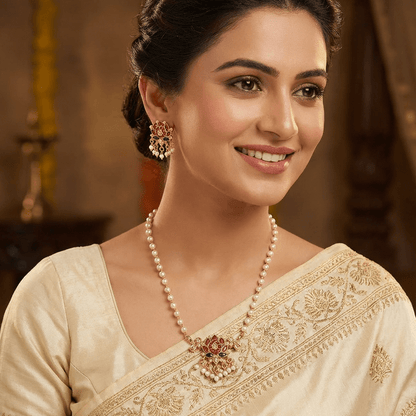 Traditional Pearl Pendant Necklace Set with Ruby & Green Stone Design - Tara Dhara