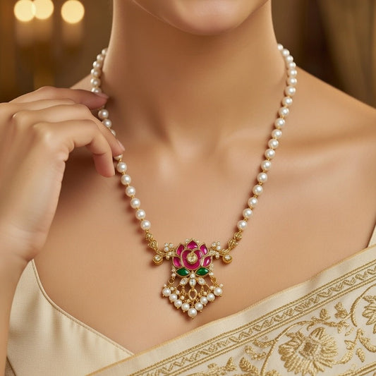 Traditional Pearl Pendant Necklace Set with Ruby & Green Stone Design - Tara Dhara