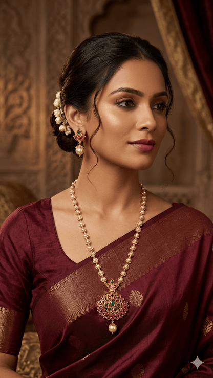 Traditional Pearl & Ruby Temple Pendant Necklace Set - Tara Dhara