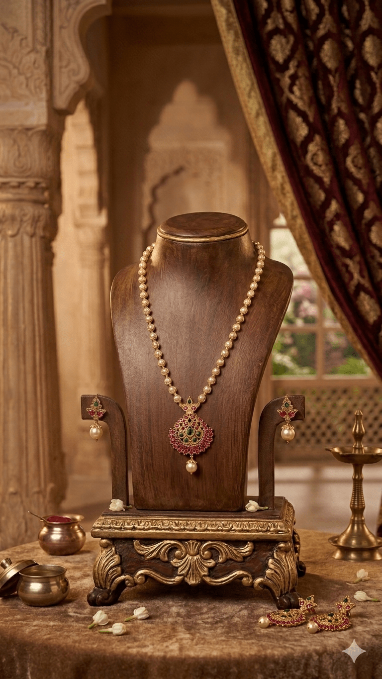 Traditional Pearl & Ruby Temple Pendant Necklace Set - Tara Dhara