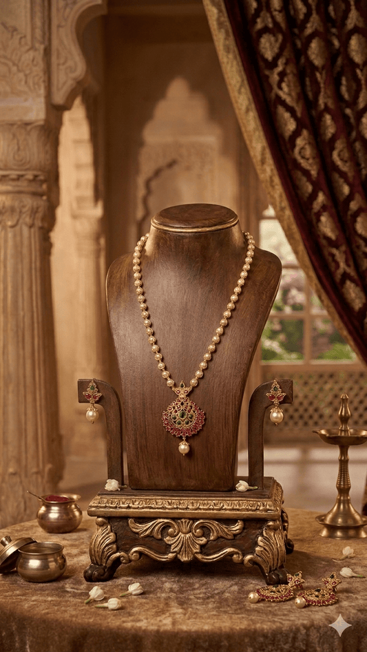 Traditional Pearl & Ruby Temple Pendant Necklace Set - Tara Dhara