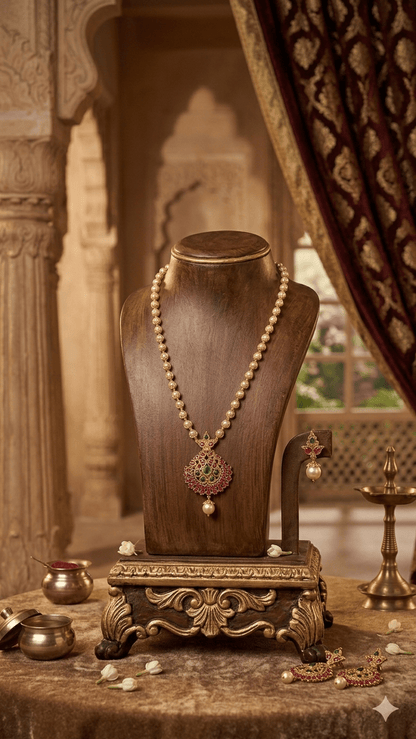 Traditional Pearl & Ruby Temple Pendant Necklace Set - Tara Dhara