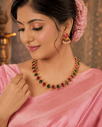 Traditional Ruby & Emerald Stone Necklace Set with Jhumka Earrings - Tara Dhara