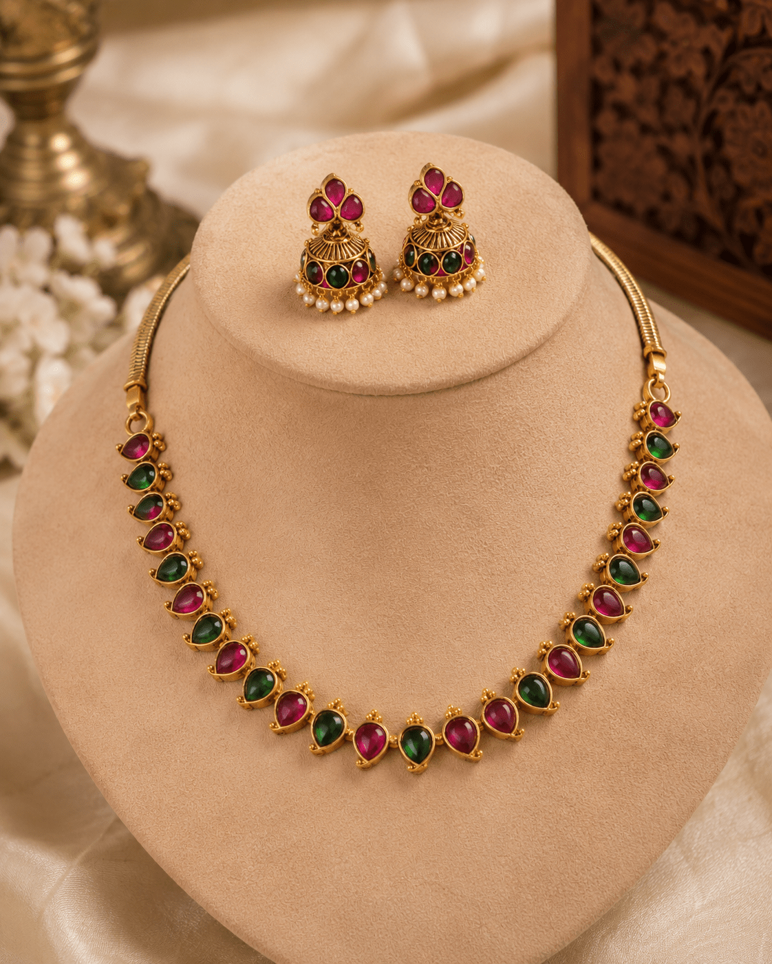 Traditional Ruby & Emerald Stone Necklace Set with Jhumka Earrings - Tara Dhara