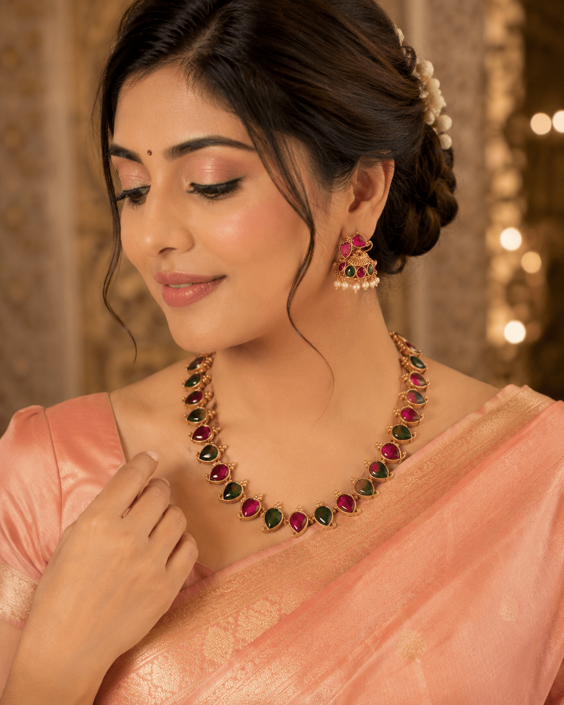 Traditional Ruby & Emerald Stone Necklace Set with Jhumka Earrings - Tara Dhara