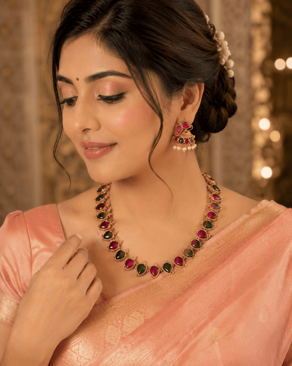 Traditional Ruby & Emerald Stone Necklace Set with Jhumka Earrings - Tara Dhara