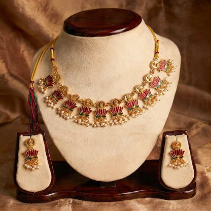 Traditional Small Lotus Necklace Set with Earrings - Tara Dhara