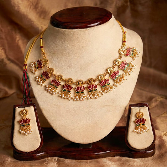 Traditional Small Lotus Necklace Set with Earrings - Tara Dhara