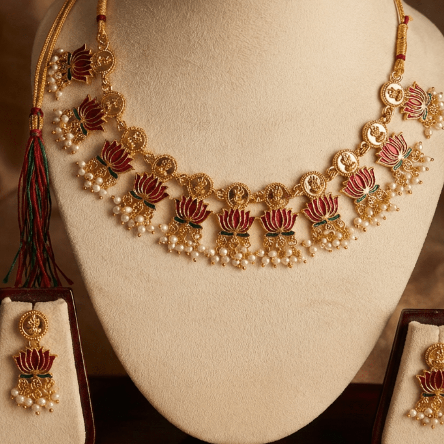 Traditional Small Lotus Necklace Set with Earrings - Tara Dhara