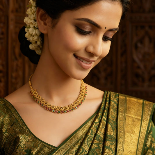 Traditional Temple Choker Necklace Set with Earrings - Tara Dhara