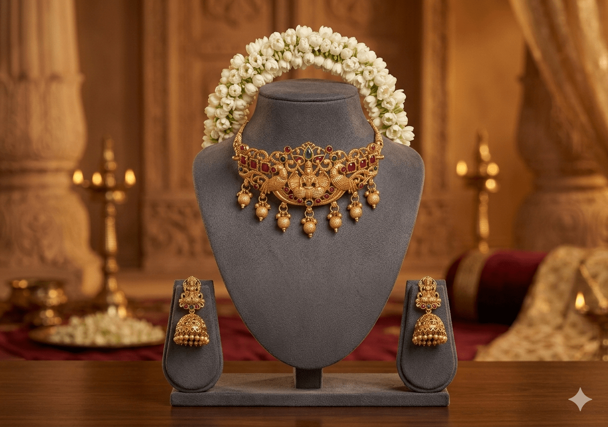 Traditional Temple Choker Necklace Set with Jhumka Earrings - Tara Dhara