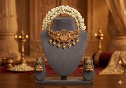 Traditional Temple Choker Necklace Set with Jhumka Earrings - Tara Dhara