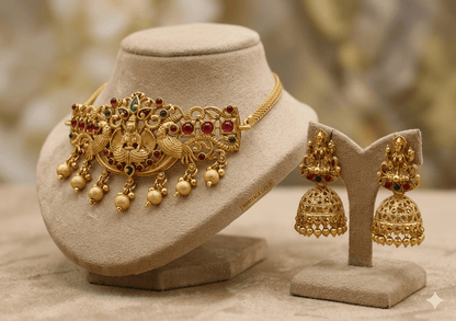Traditional Temple Choker Necklace Set with Jhumka Earrings - Tara Dhara