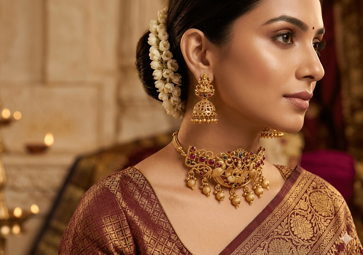 Traditional Temple Choker Necklace Set with Jhumka Earrings - Tara Dhara