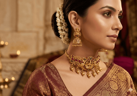 Traditional Temple Choker Necklace Set with Jhumka Earrings - Tara Dhara
