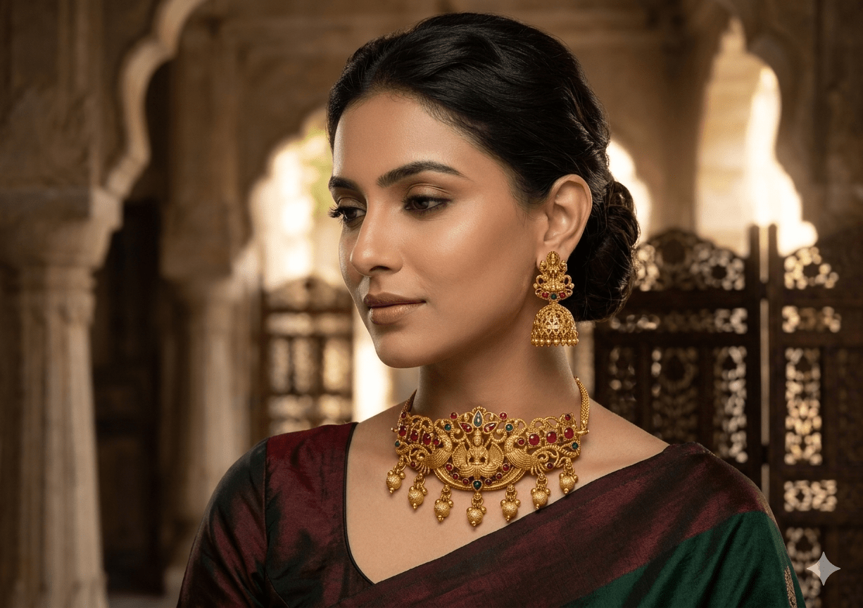 Traditional Temple Choker Necklace Set with Jhumka Earrings - Tara Dhara