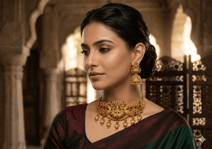 Traditional Temple Choker Necklace Set with Jhumka Earrings - Tara Dhara