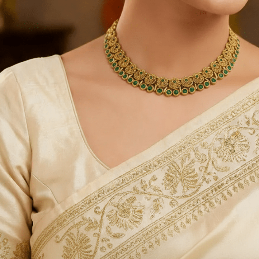 Traditional Temple Style Green Stone Necklace | Antique Gold Finish Statement Necklace for Wedding & Festive Wear - Tara Dhara