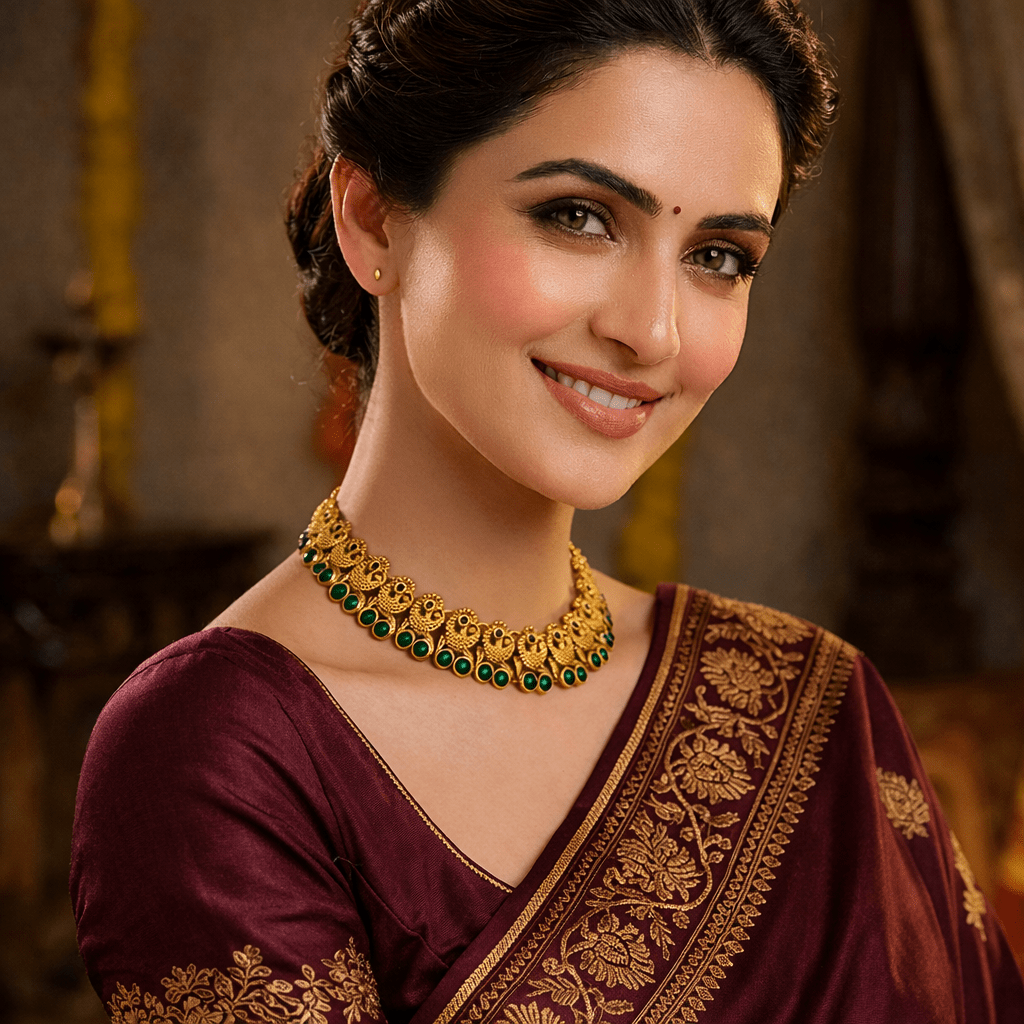Traditional Temple Style Green Stone Necklace | Antique Gold Finish Statement Necklace for Wedding & Festive Wear - Tara Dhara