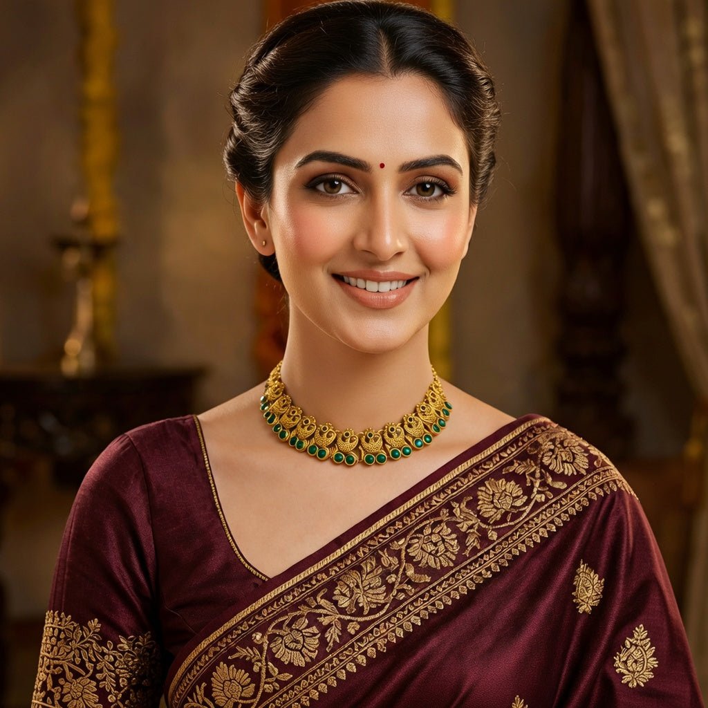 Traditional Temple Style Green Stone Necklace | Antique Gold Finish Statement Necklace for Wedding & Festive Wear - Tara Dhara